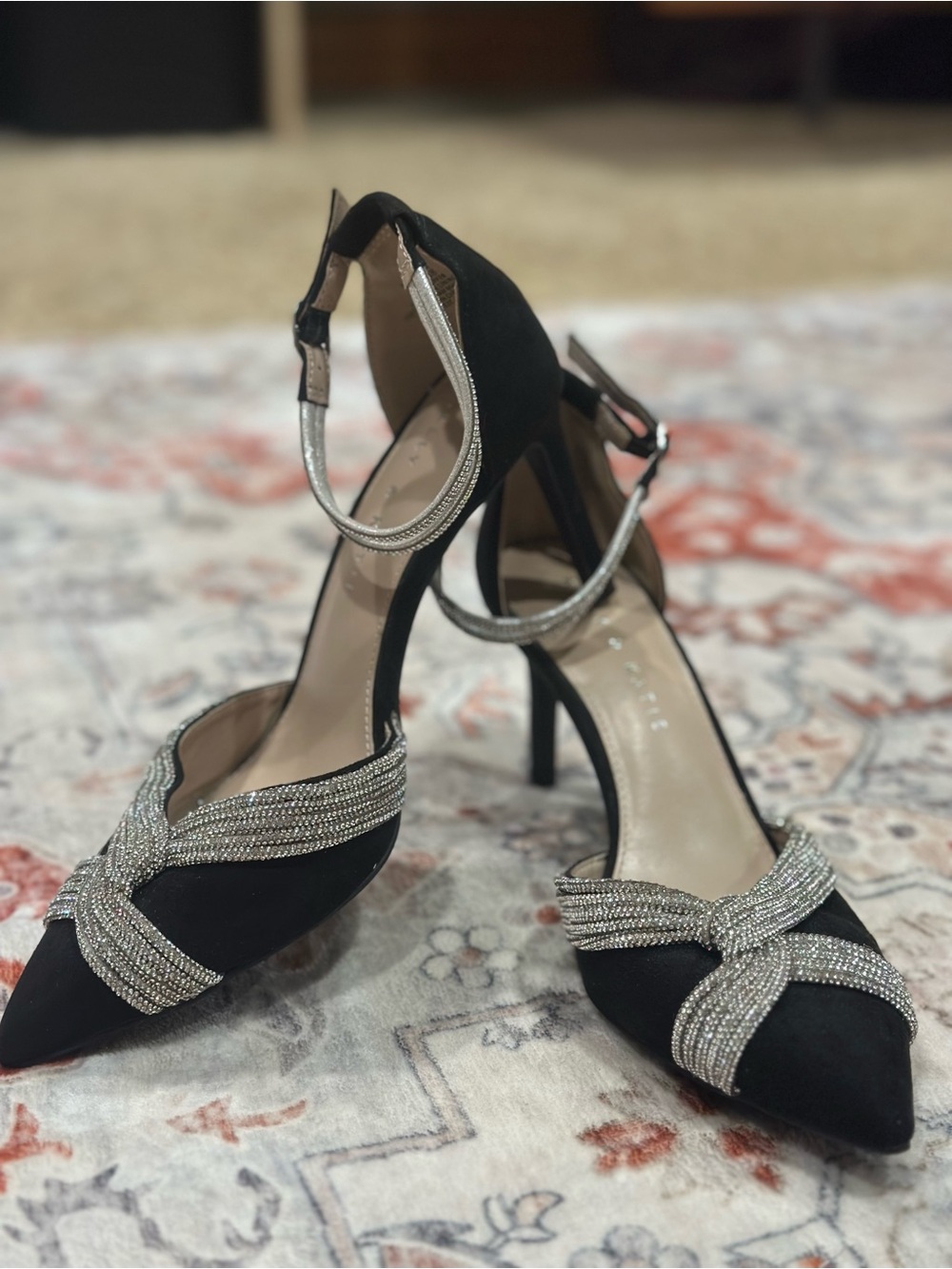 Kelly & Katie Black Pointed-Toe Heels with Silver Crystal Straps